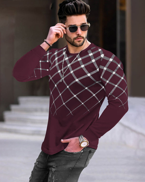 Men Printed Round Neck Cotton Blend Maroon Full Sleeve T-Shirt