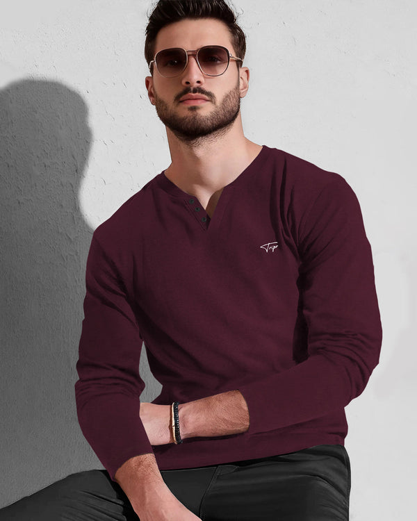 Men Solid V Neck Cotton Blend Maroon T-Shirt