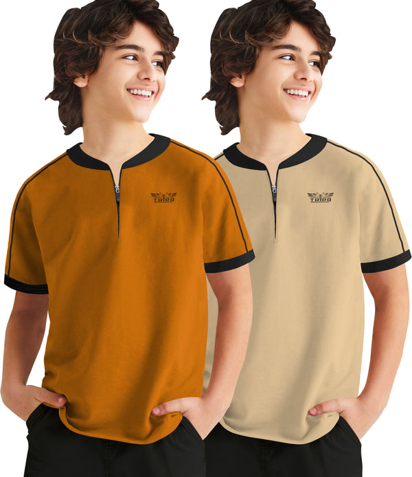 Pack of 2 Multicolor Kids Zipper Neck T-Shirts Combo | Mustard yellow-Beige