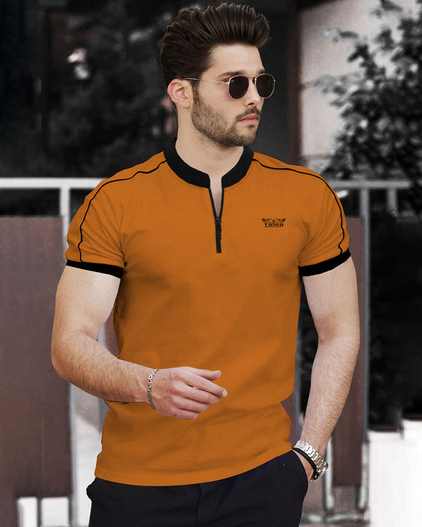 Men Mustard Yellow Zip-neck Black Piping Half Sleeve T-shirt