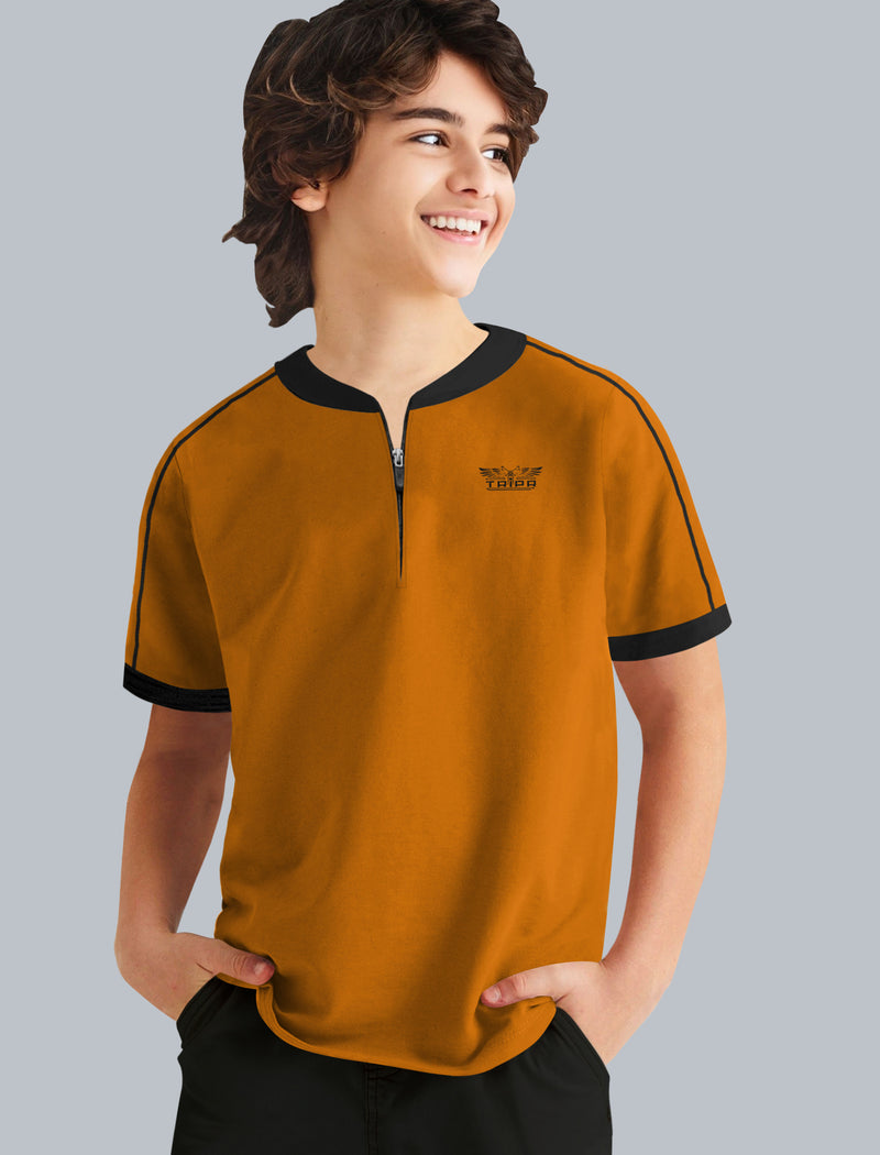 Boys Zip Musturd Yellow-Black Contrast T-shirt