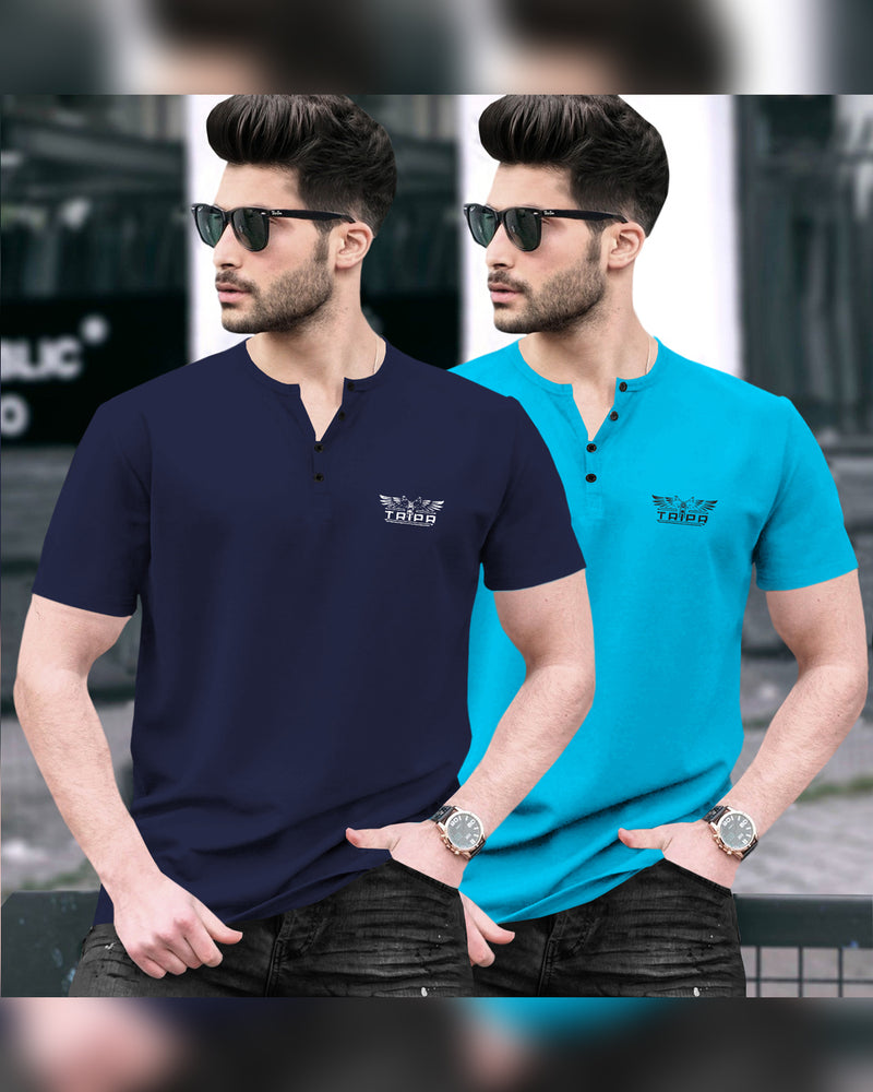 Pack of 2 Men Printed Henley Neck Cotton Blend Multicolor T-Shirt