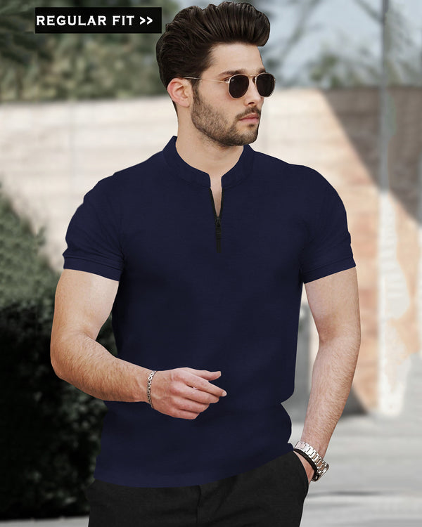 Half Sleeve Henley Neck Zip Type Plain T-shirt / Navy Blue