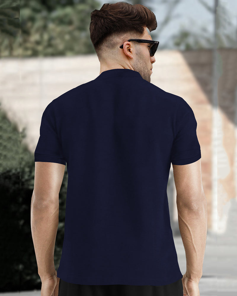 Half Sleeve Henley Neck Zip Type Plain T-shirt / Navy Blue