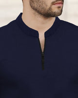 Half Sleeve Henley Neck Zip Type Plain T-shirt / Navy Blue