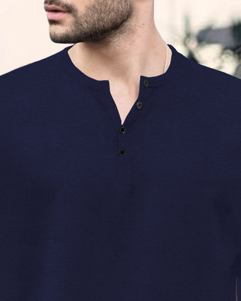 Half Sleeve Henley Neck Plain T-shirt / Navy Blue
