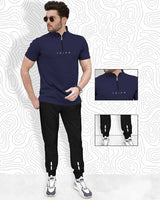 Men Tracksuit Set | Navy Blue Zip Neck T-shirt | Black Trackpant