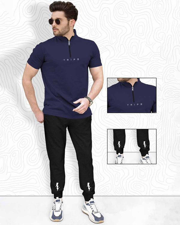 Men Tracksuit Set | Navy Blue Zip Neck T-shirt & Black Jogger