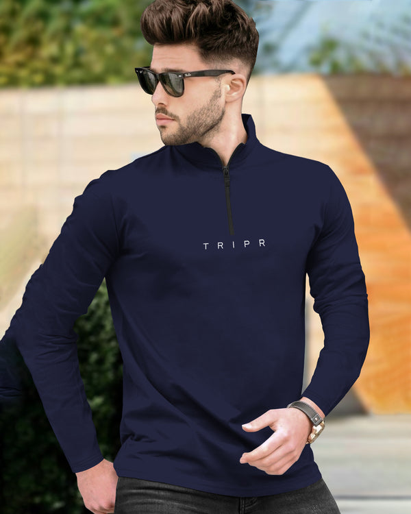 Men Full Sleeve Navy Blue Zipper Neck T-shirt