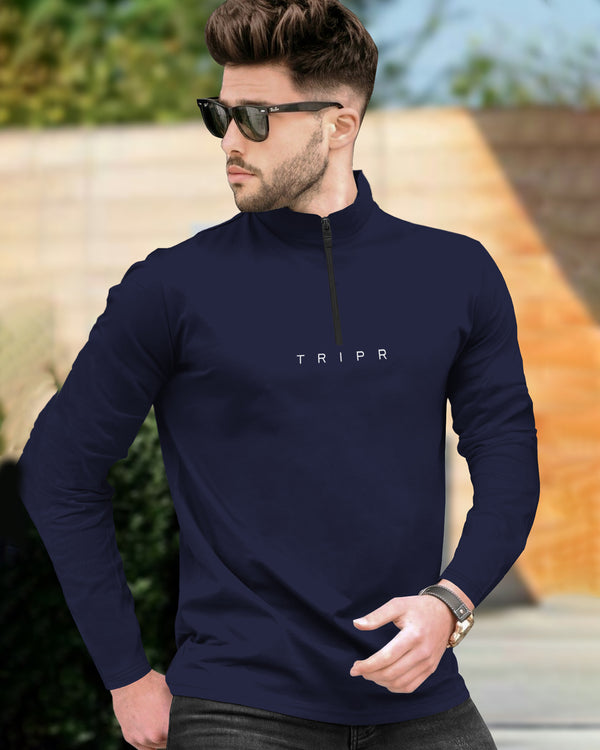 Men Full Sleeve Navy Blue Zipper Neck T-shirt