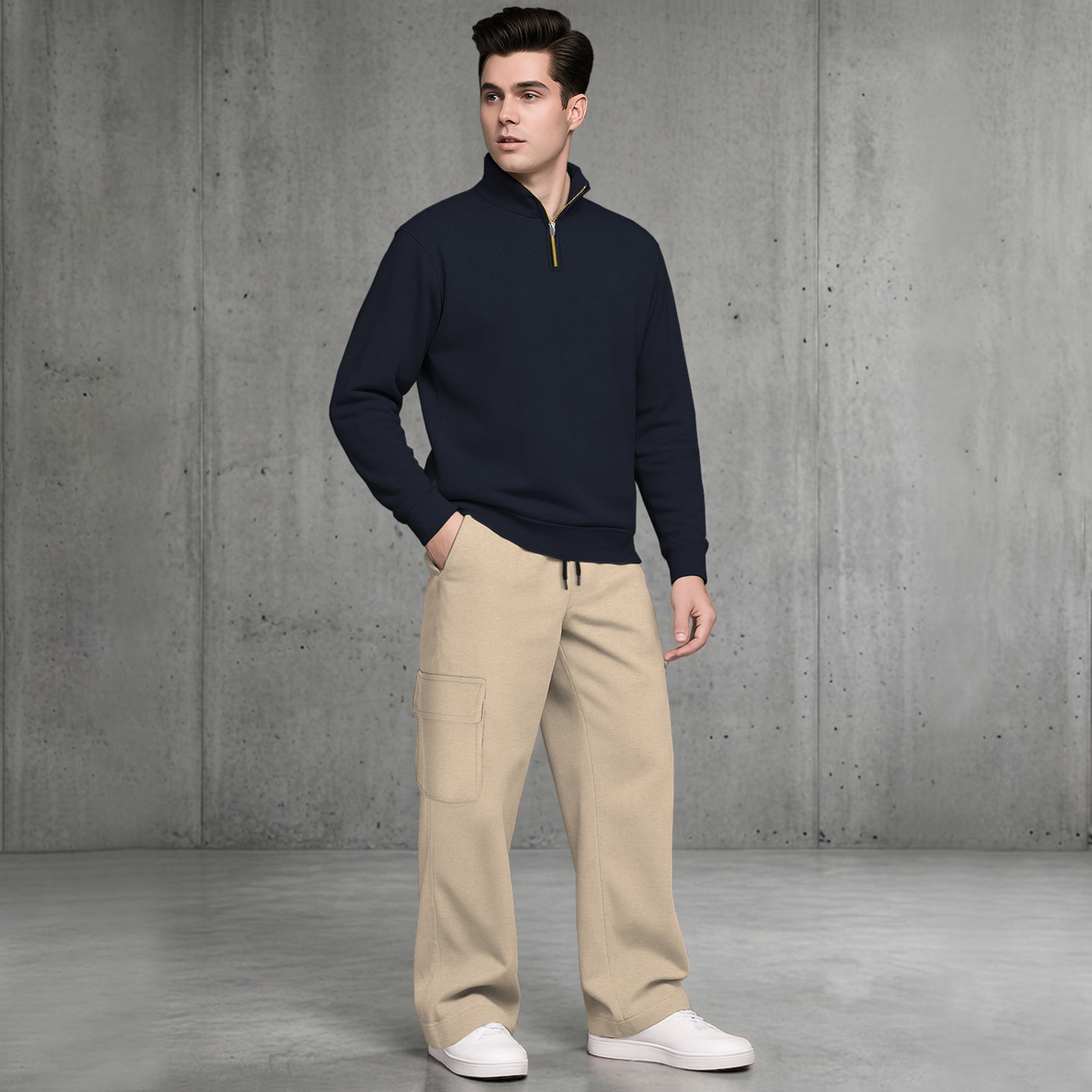 Mens Quarter-Zip High Neck Sweatshirt and Wide Leg Cargo Pant Tracksuit
