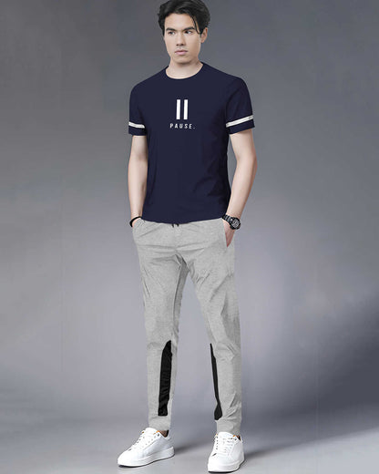 Tracksuit For Men Half Sleeve Navy Blue Printed T-shirt with Grey Colorblocked Trackpant