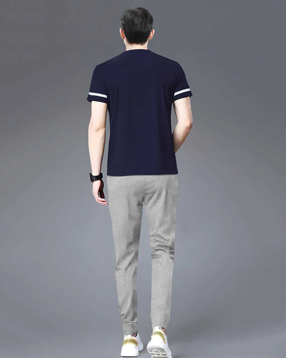 Tracksuit For Men Half Sleeve Navy Blue Printed T-shirt with Grey Colorblocked Trackpant