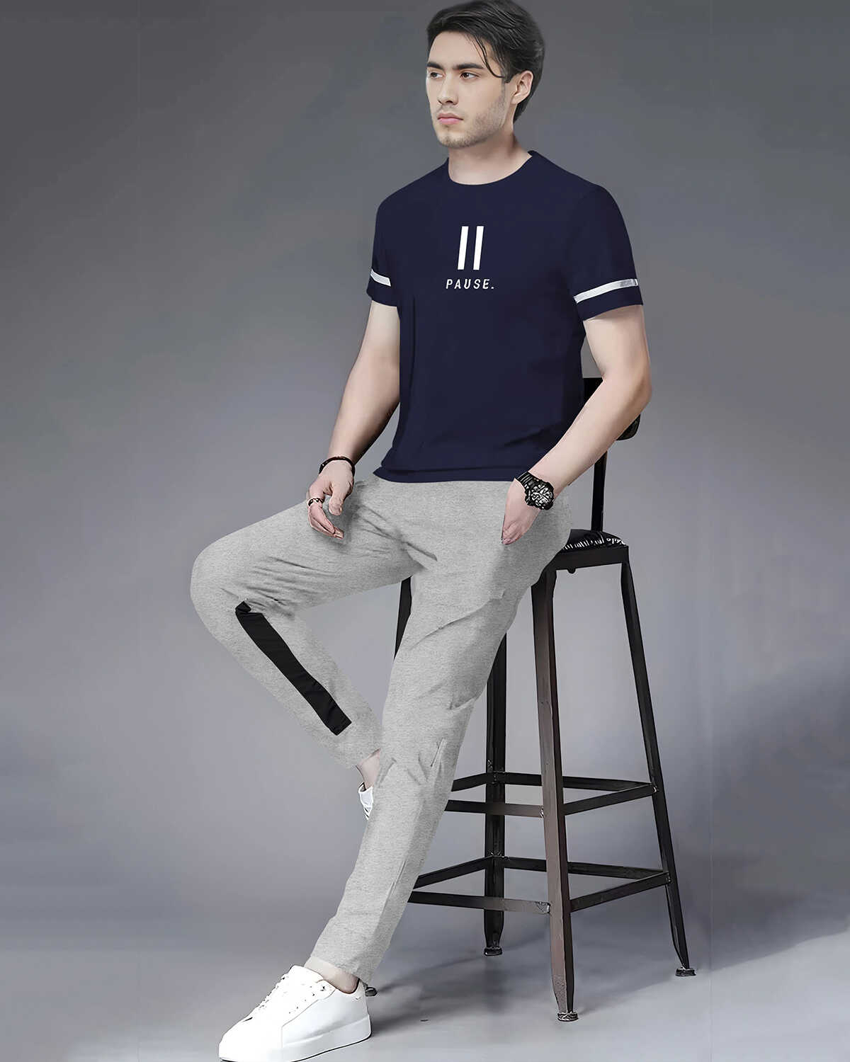 Tracksuit For Men Half Sleeve Navy Blue Printed T-shirt with Grey Colorblocked Trackpant