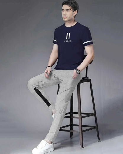 Tracksuit For Men Half Sleeve Navy Blue Printed T-shirt with Grey Colorblocked Trackpant
