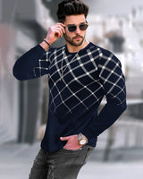 Men Printed Round Neck Cotton Blend Navy Blue T-Shirt