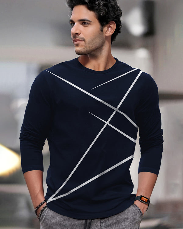 Round Neck Full Sleeve Zig Zag Printed Navyblue T-shirt