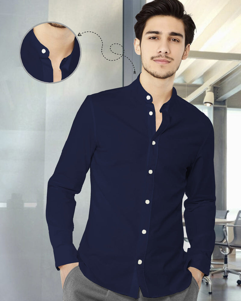 MEN PLAIN NAVY BLUE MANDARIN COLLAR FULL HAND SHIRT