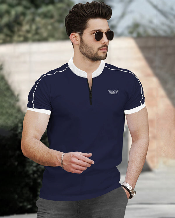 Mandarin Collar Men Navy Blue Zip-neck Half Sleeve White Piping T-shirt