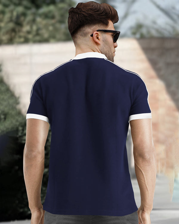 Men Navy Blue Zip-neck Half Sleeve White Piping T-shirt