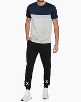 Mens Tracksuit - Colorblock Half Sleeve Navy White t-shirt / Black Printed Trackpant