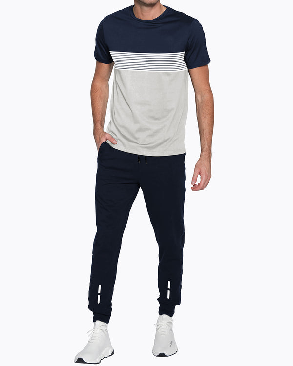 Mens Tracksuit - Colorblock Half Sleeve Navy White t-shirt / Navy Printed Trackpant