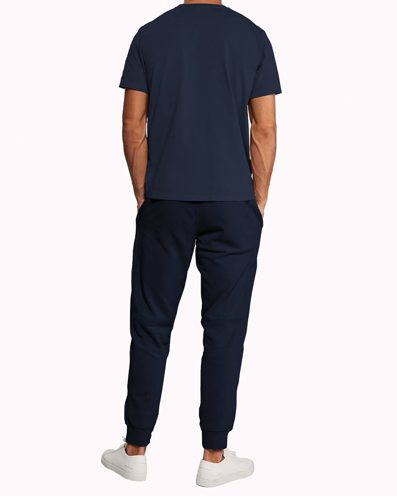 Mens Tracksuit - Colorblock Half Sleeve Navy White t-shirt / Navy Printed Trackpant