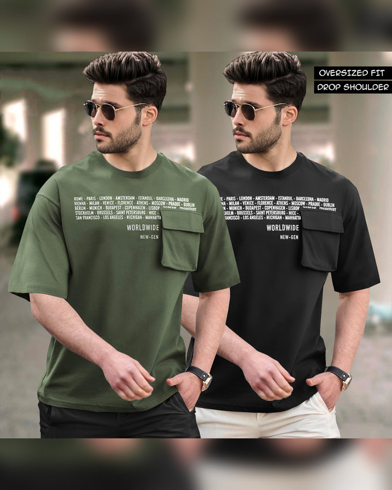 (Pack of 2) Men Oversized T-Shirt With Flap Pocket | Olivegreen & Black