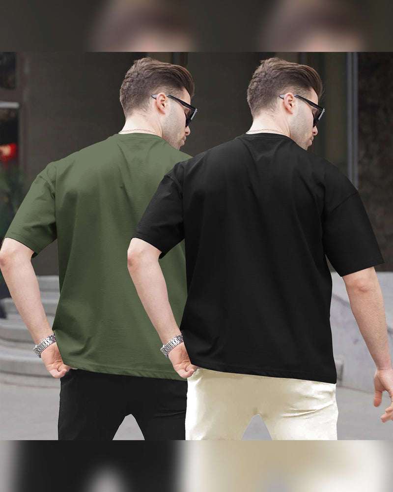 (Pack of 2) Men Oversized T-Shirt With Flap Pocket | Olivegreen & Black