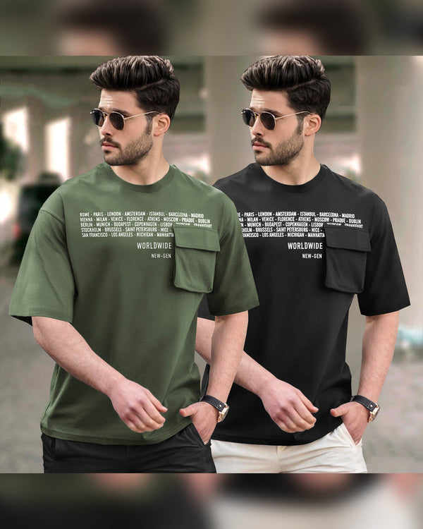 (Pack of 2) Men Oversized T-Shirt With Flap Pocket | Olivegreen & Black