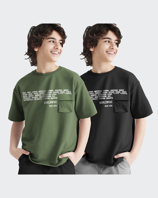 Kids T-Shirt Combo - Olivegreen-Black Round Neck With Flap Pocket T-Shirts (Pack of 2)