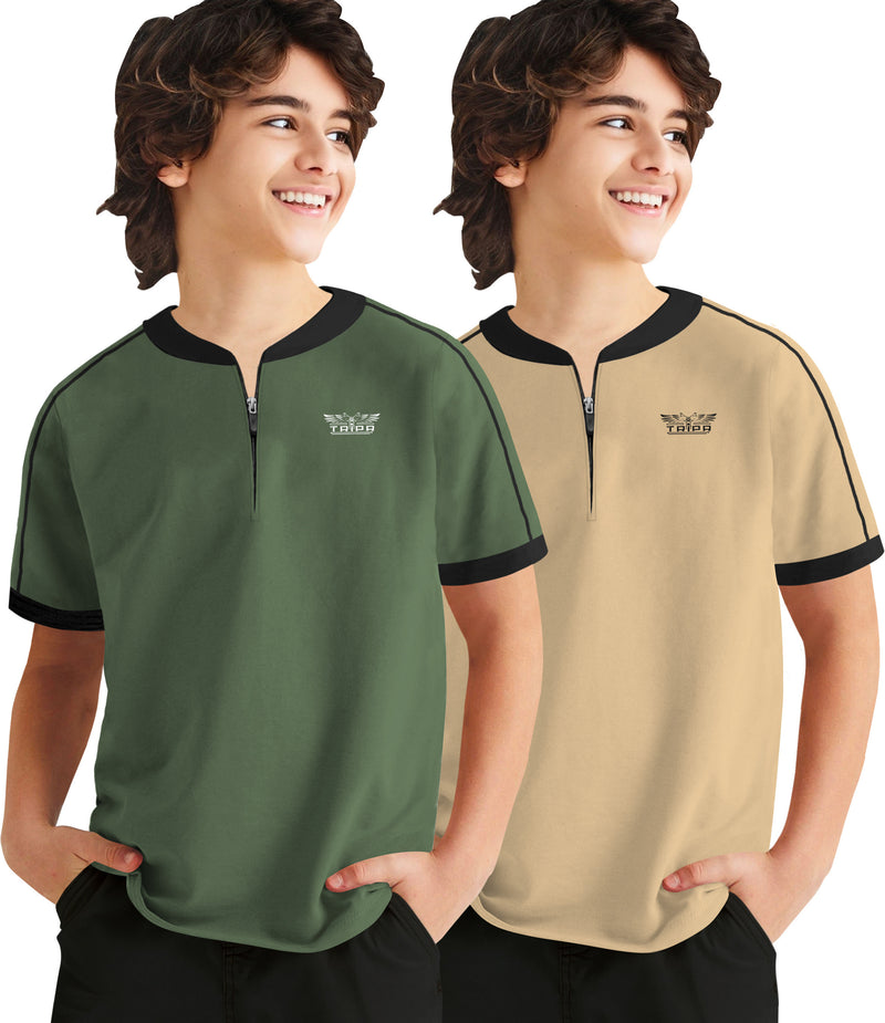 Pack of 2 Multicolor Kids Zipper Neck T-Shirts Combo | Olivegreen-Beige