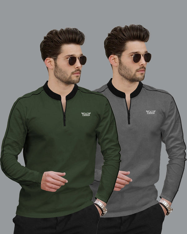 Mens Henely Neck Full Sleeve T-shirts (Pack Of 2) /Olivegreen & Dark Grey