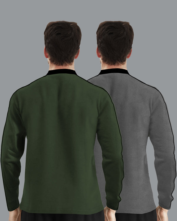 Mens Henely Neck Full Sleeve T-shirts (Pack Of 2) /Olivegreen & Dark Grey