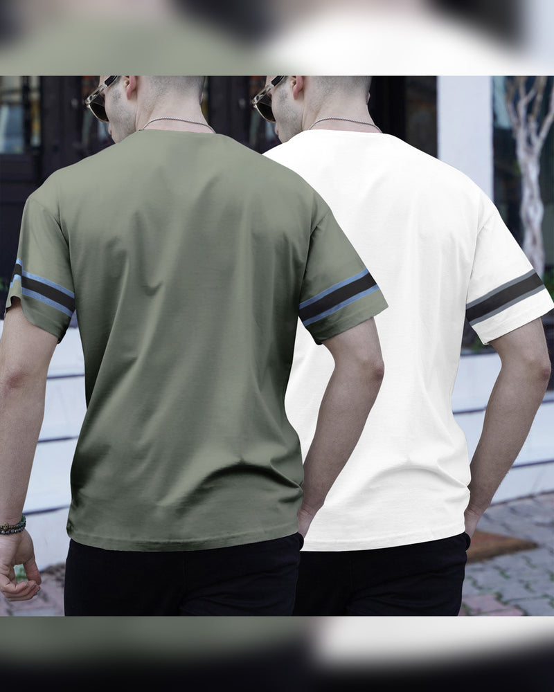 (Pack of 2) 07 Printed Oversized Combo T-Shirts | Olivegreen & White