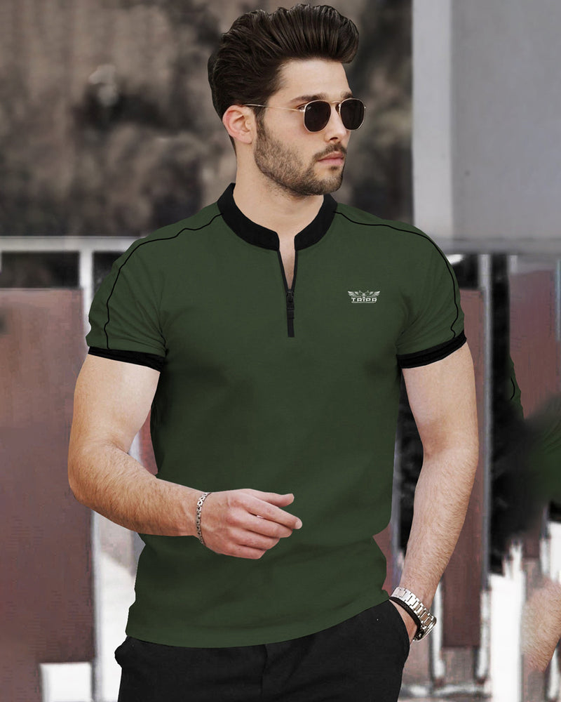 Men Solid Mandarin Collar Cotton Blend Olive Green T-Shirt