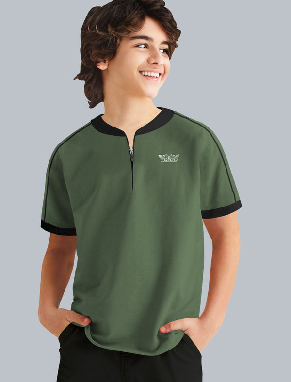 Boys Zip Olivegreen-Black Contrast T-shirt