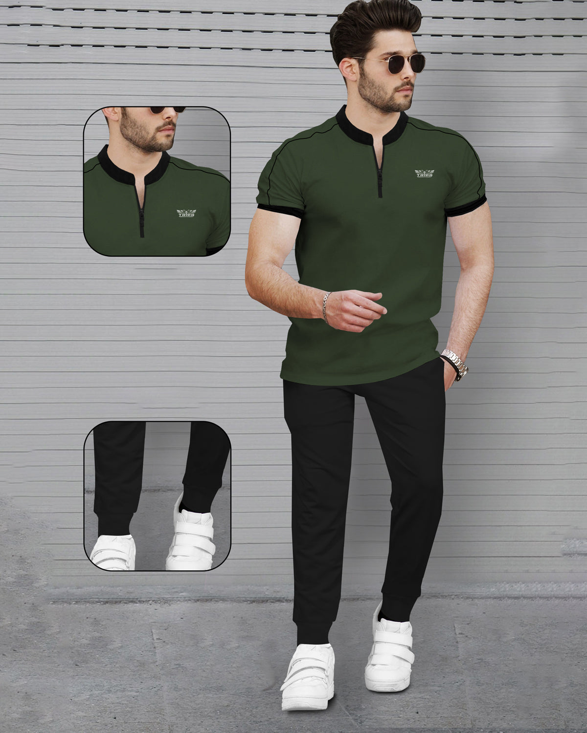 Olive Green Half Sleeve Henley neck Tshirt and Black Track pant Outfit Sets