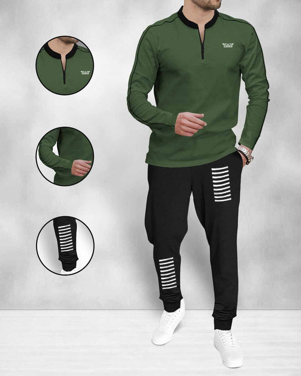 (Olivegreen & Black Tracksuit) Full Sleeve Henley Neck T-shirt with Jogger Pant