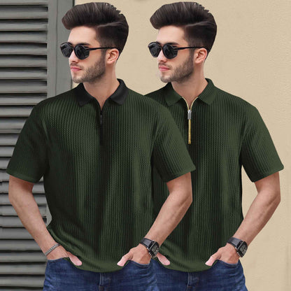 (Pack Of 2) Polo Waffle Olive Green & Maroon Textured T-shirts