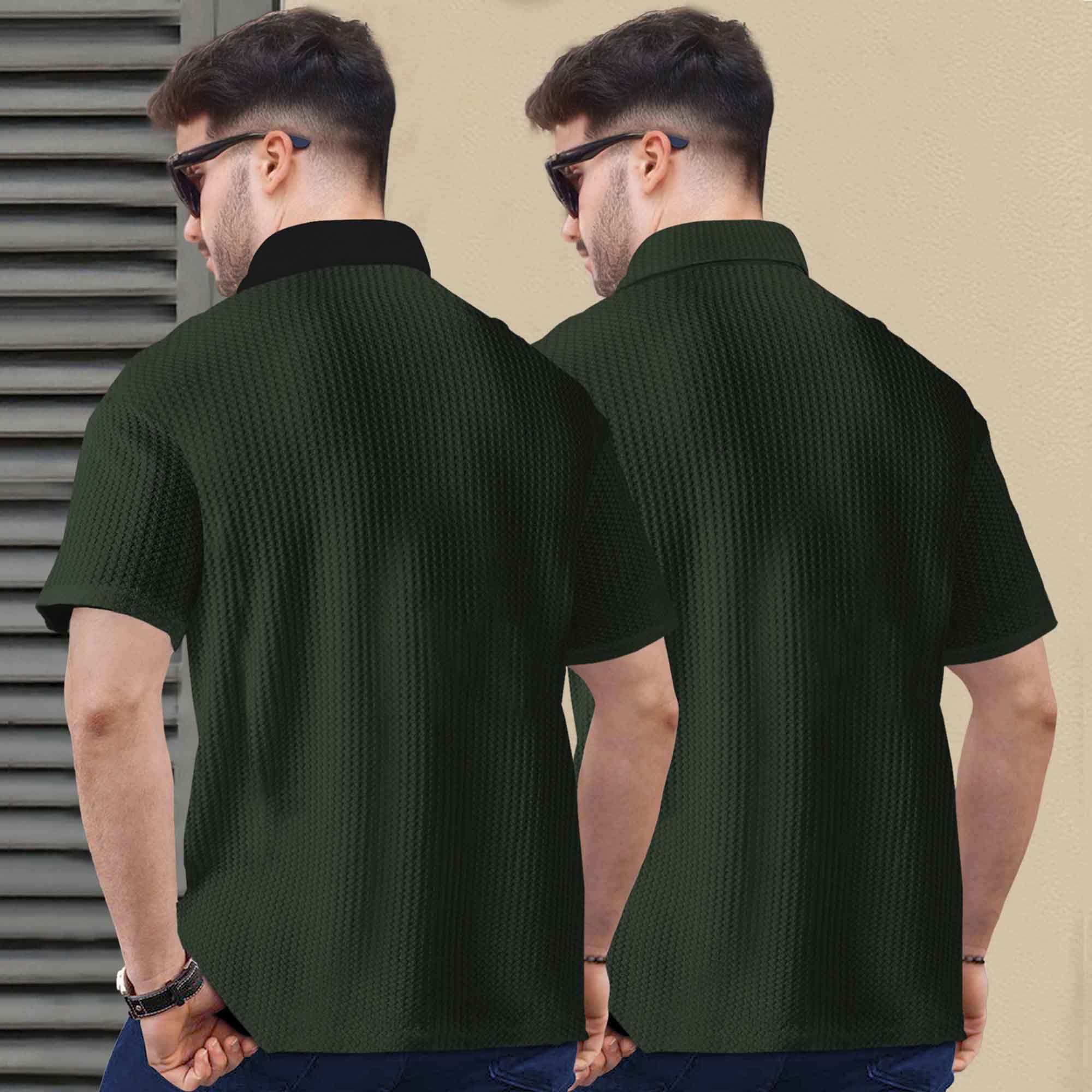 (Pack Of 2) Polo Waffle Olive Green & Maroon Textured T-shirts