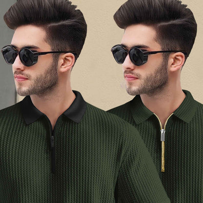 (Pack Of 2) Polo Waffle Olive Green & Maroon Textured T-shirts