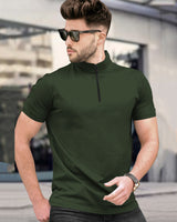 Men High Neck Plain Half Sleeve T-shirt / Olive Green
