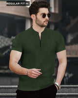 Half Sleeve Henley Neck Zip Type Plain T-shirt / Olive Green