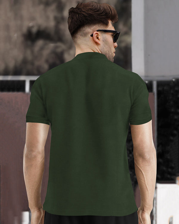 Half Sleeve Henley Neck Zip Type Plain T-shirt / Olive Green