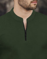 Half Sleeve Henley Neck Zip Type Plain T-shirt / Olive Green