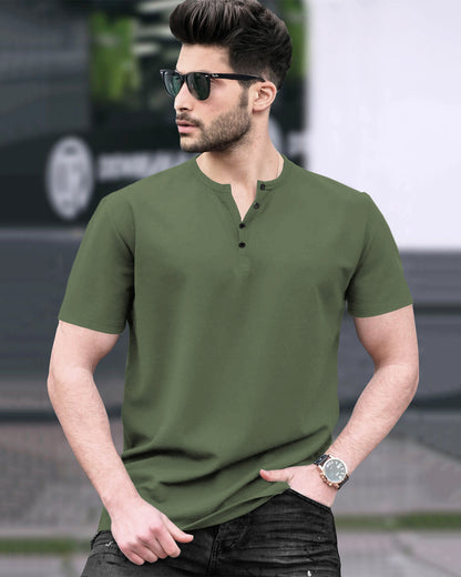 Half Sleeve Henley Neck Plain Olive Green T-shirt