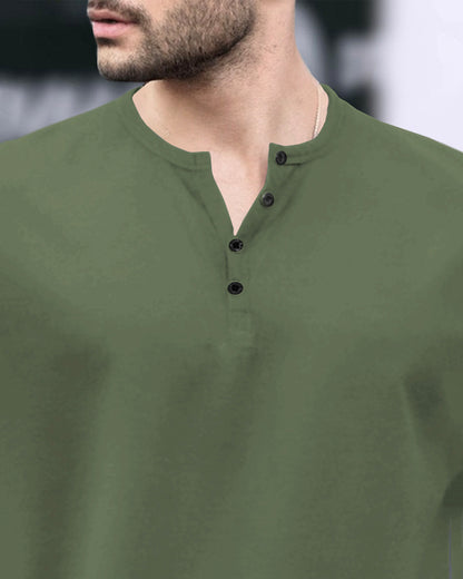 Half Sleeve Henley Neck Plain Olive Green T-shirt