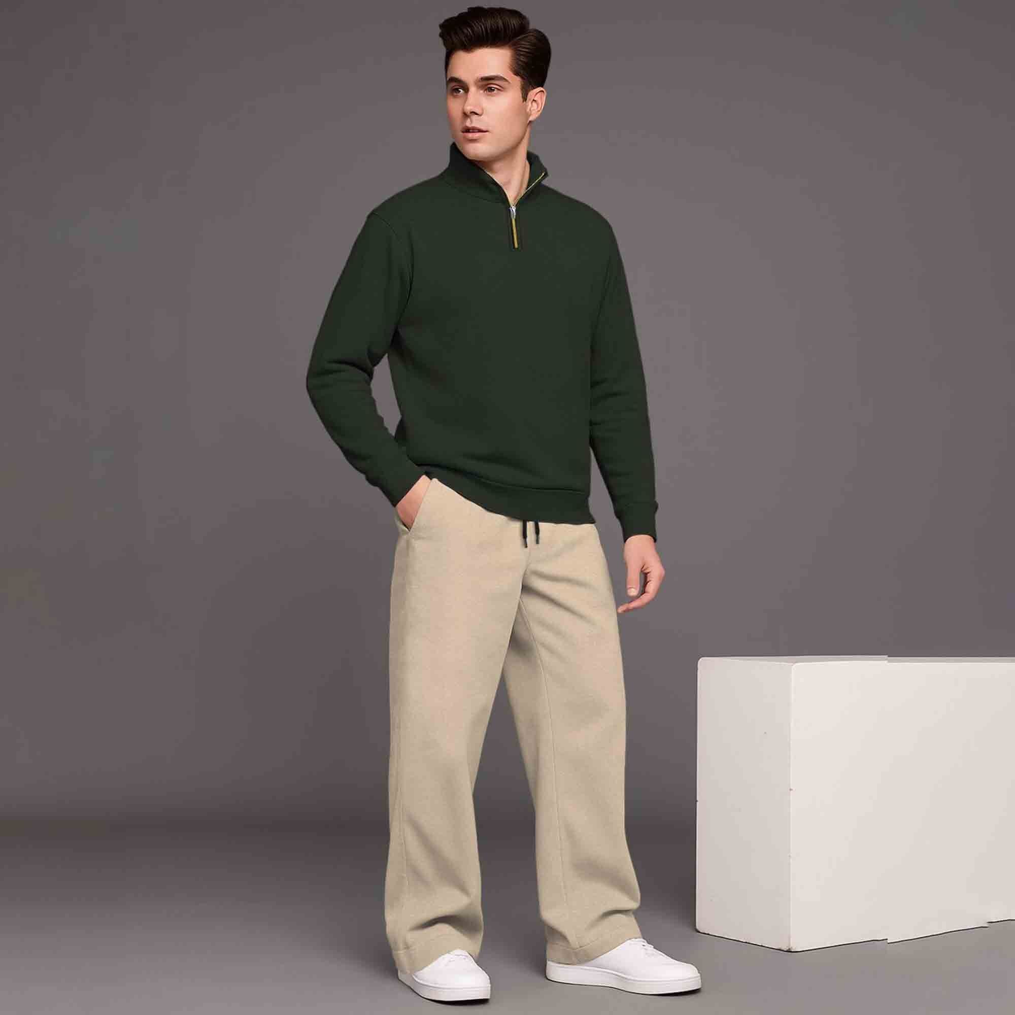 Olive Green High Neck Sweatshirt & Beige Plain Baggy Pant