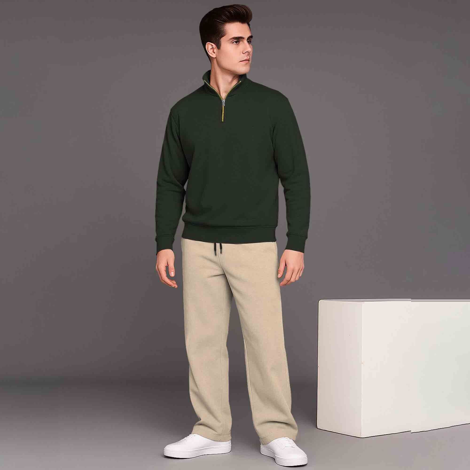 Olive Green High Neck Sweatshirt & Beige Plain Baggy Pant